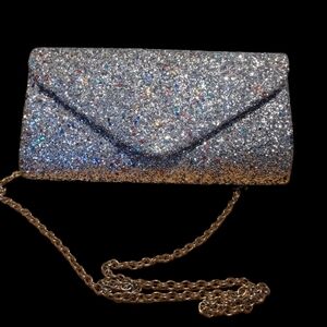Elegant Silver Glitter Clutch with Gold Chain